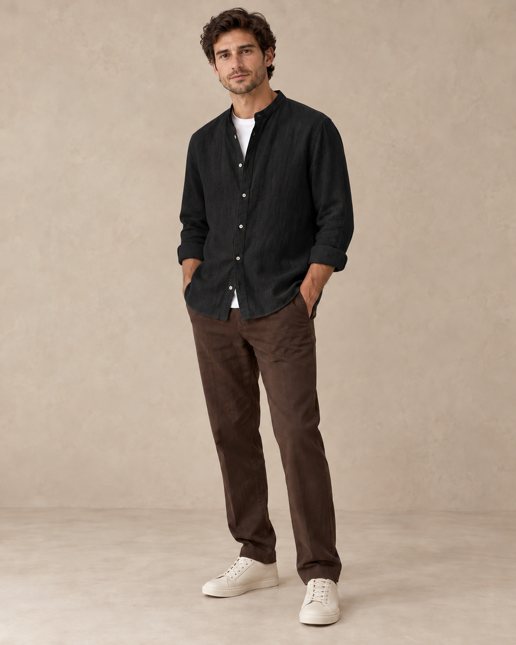 Lodemi Relaxed Henley Button-Front Shirt in Black — digitally recoloured product image
