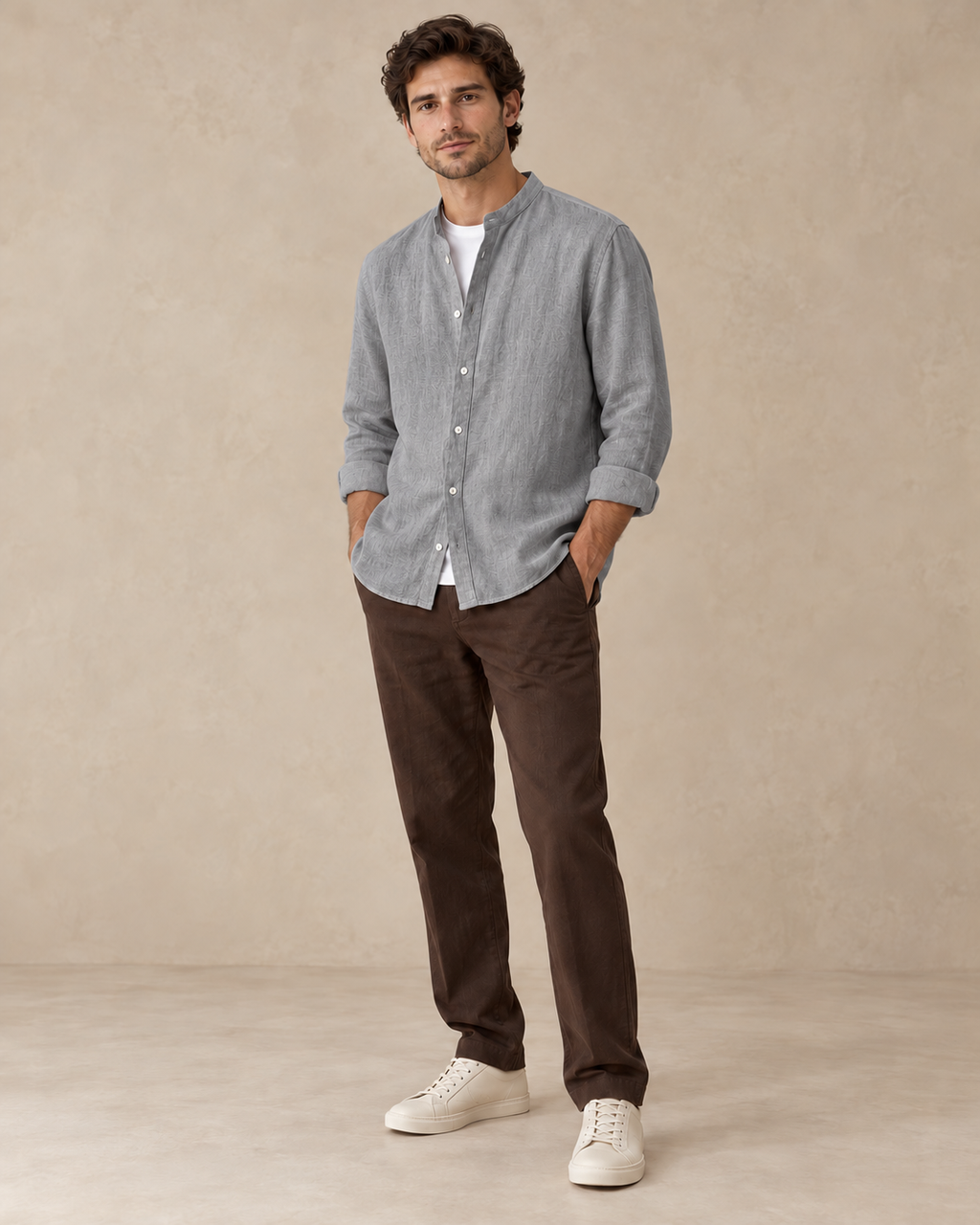 Lodemi Relaxed Henley Button-Front Shirt in Grey — digitally recoloured product image