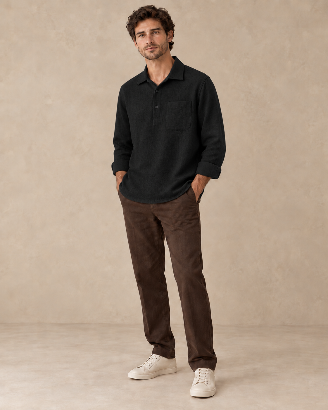 Lodemi Relaxed Henley Pullover Shirt in Black — digitally recoloured product image