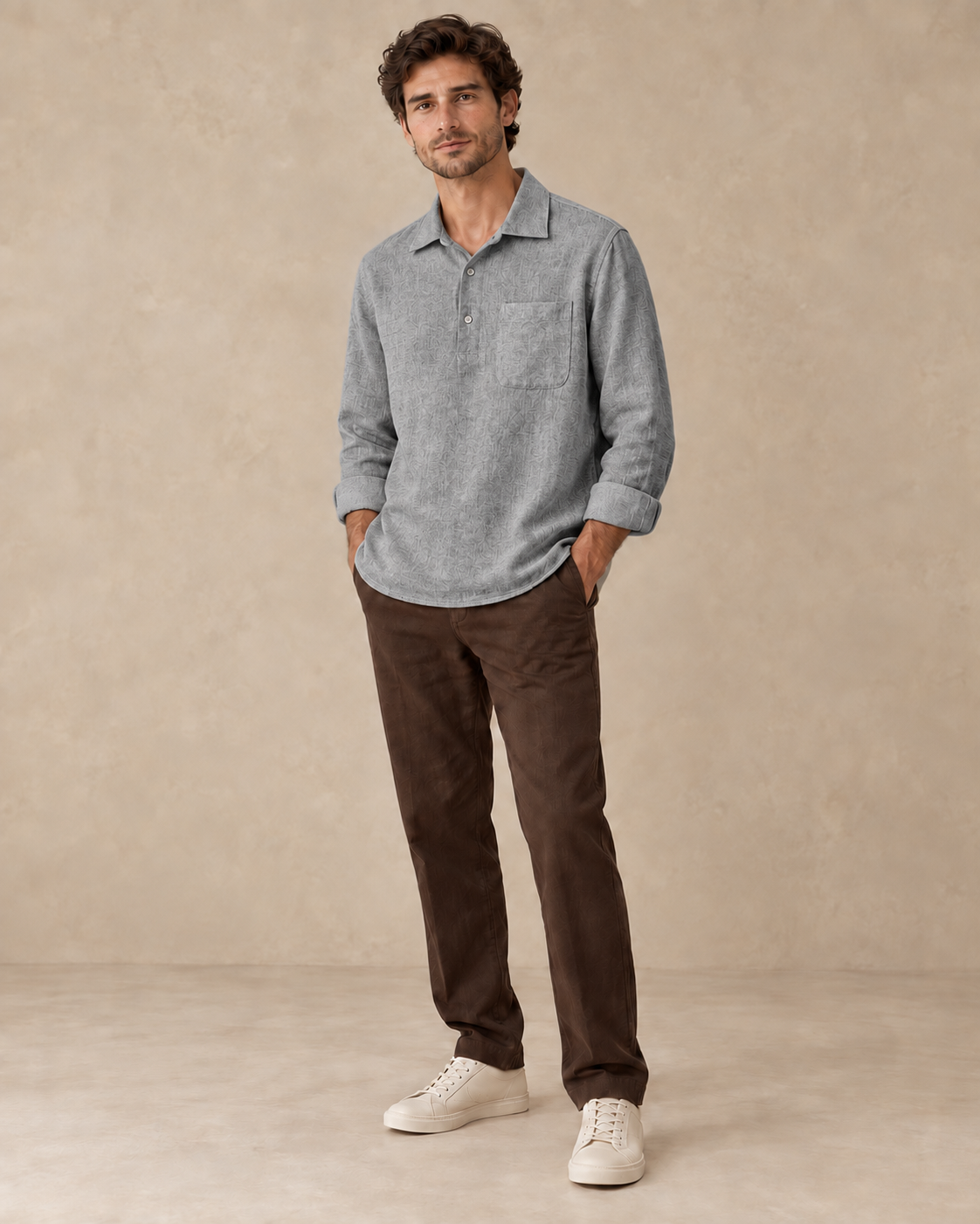 Lodemi Relaxed Henley Pullover Shirt in Grey — digitally recoloured product image