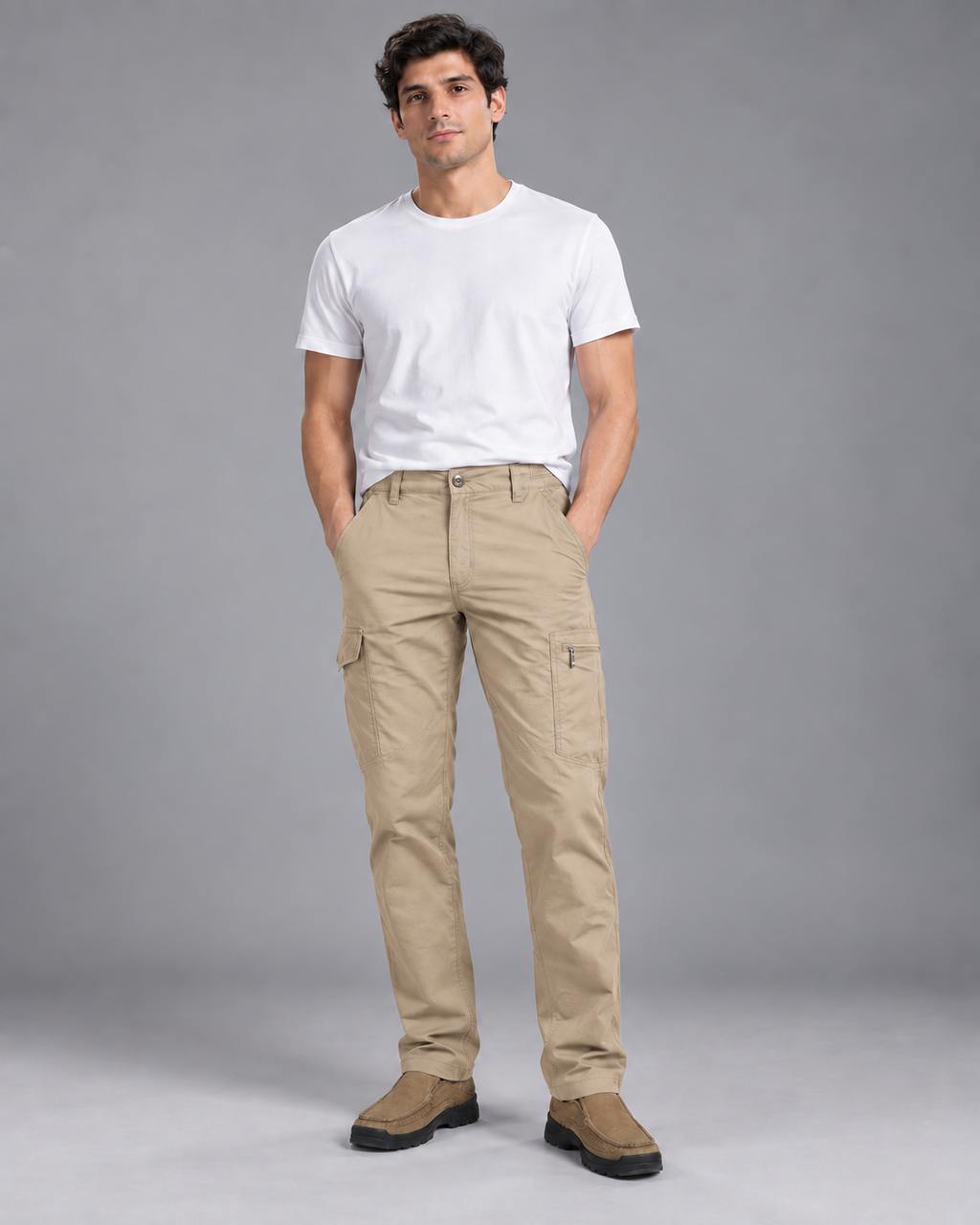 Lodemi Olive Cargo Trousers in Beige — digitally recoloured product image