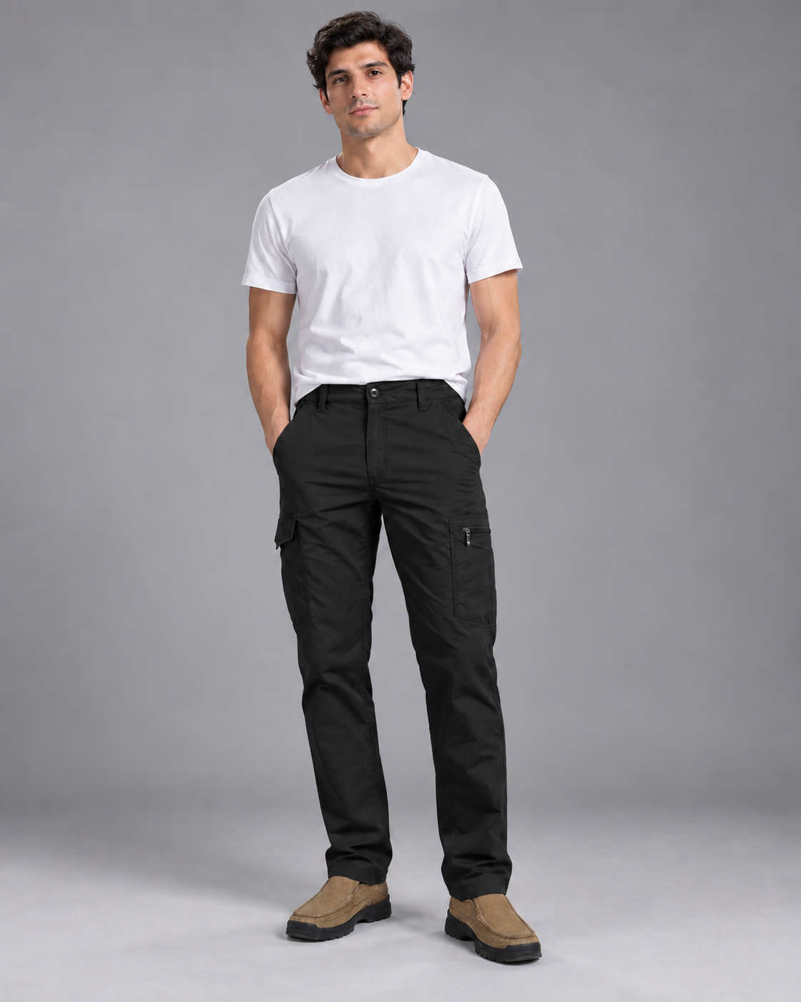 Lodemi Olive Cargo Trousers in Black — digitally recoloured product image