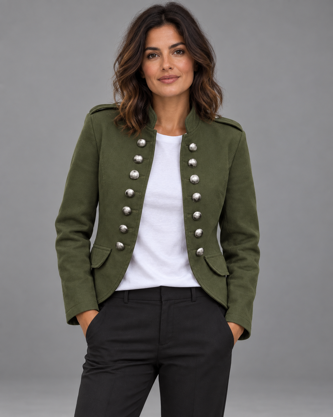 Lodemi Structured Stand-Collar Blazer in green, front view