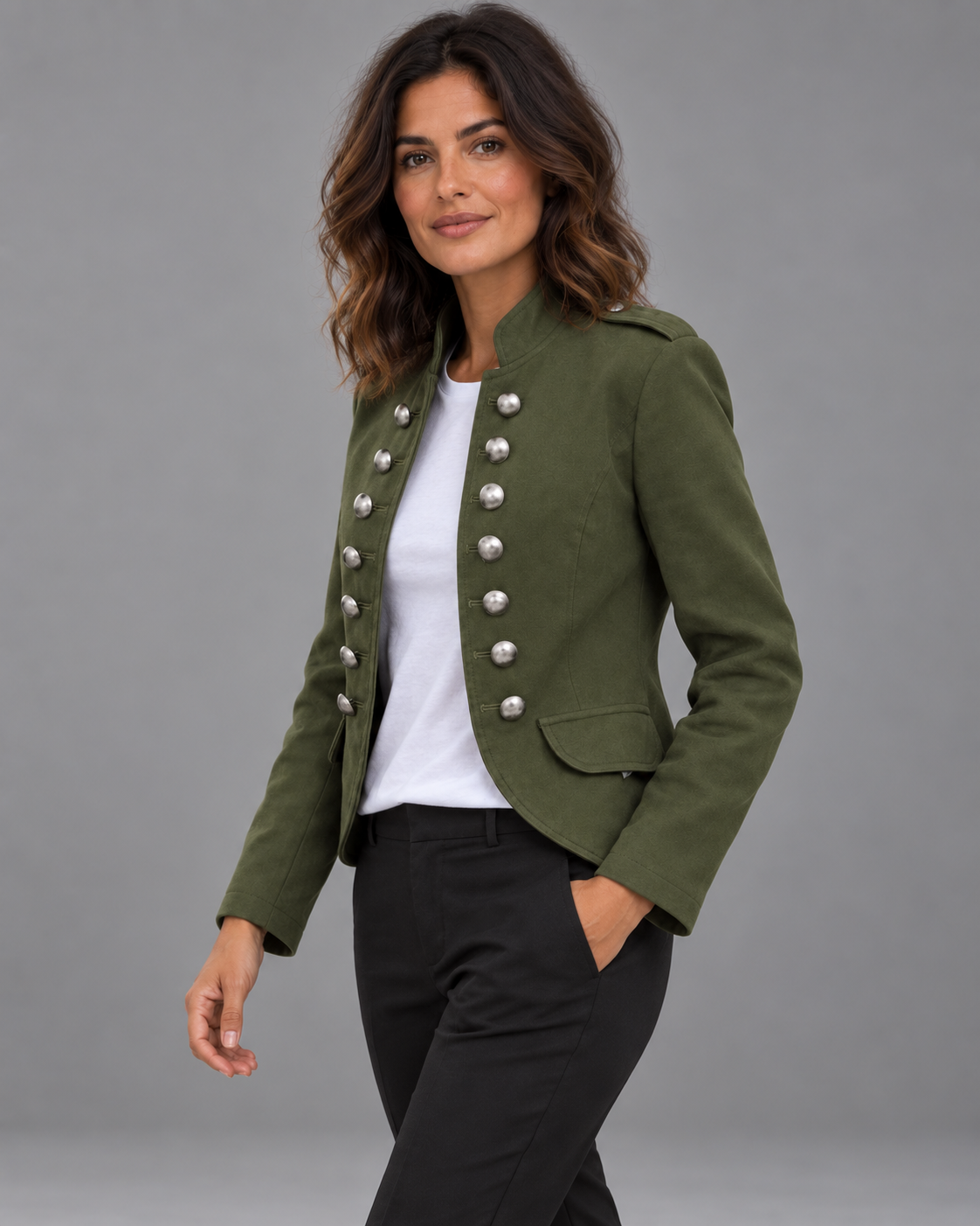 Lodemi Structured Stand-Collar Blazer in green, angled front view