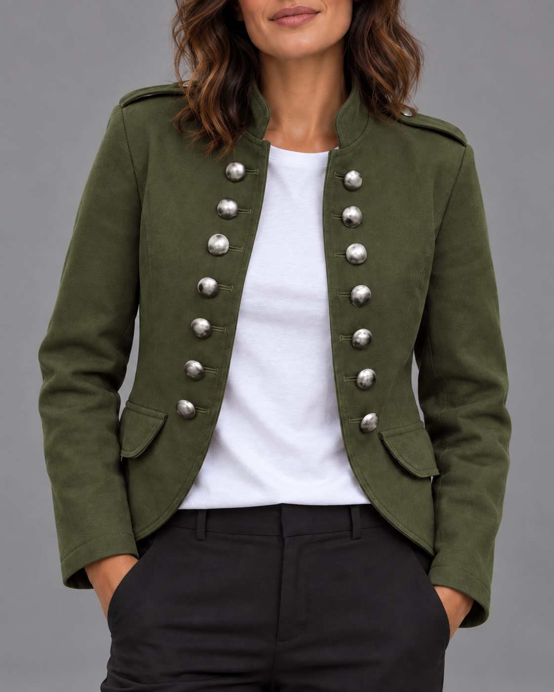 Lodemi Structured Stand-Collar Blazer in green, detail view