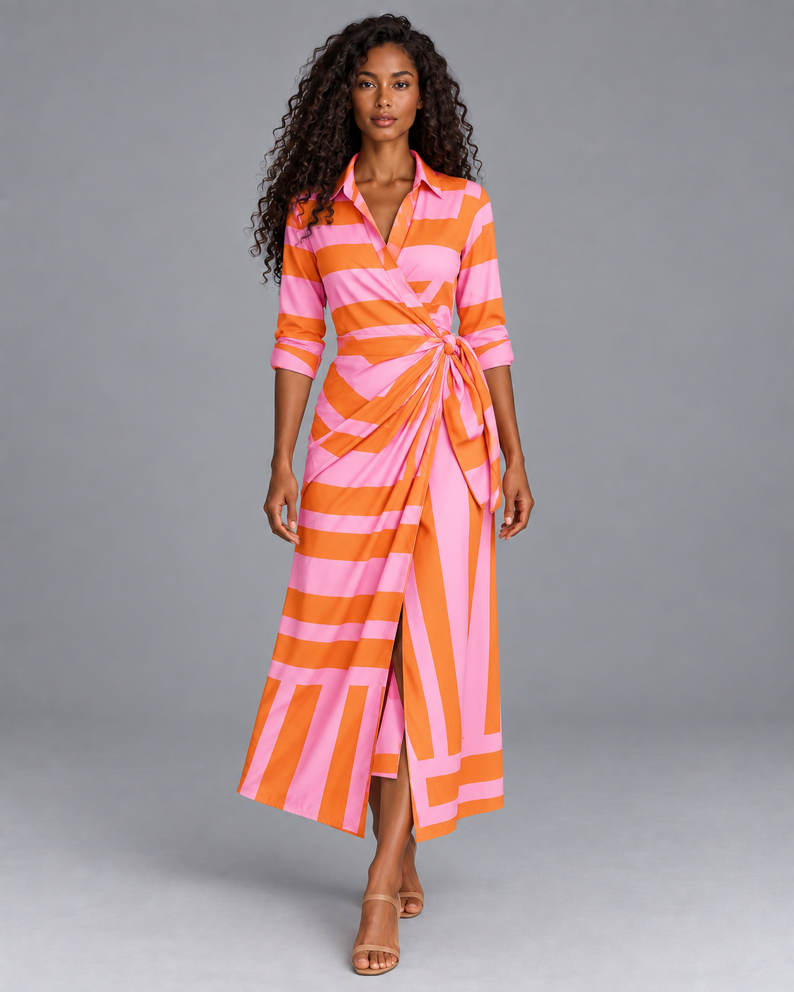Lodemi Striped Wrap Midi Dress, view 1