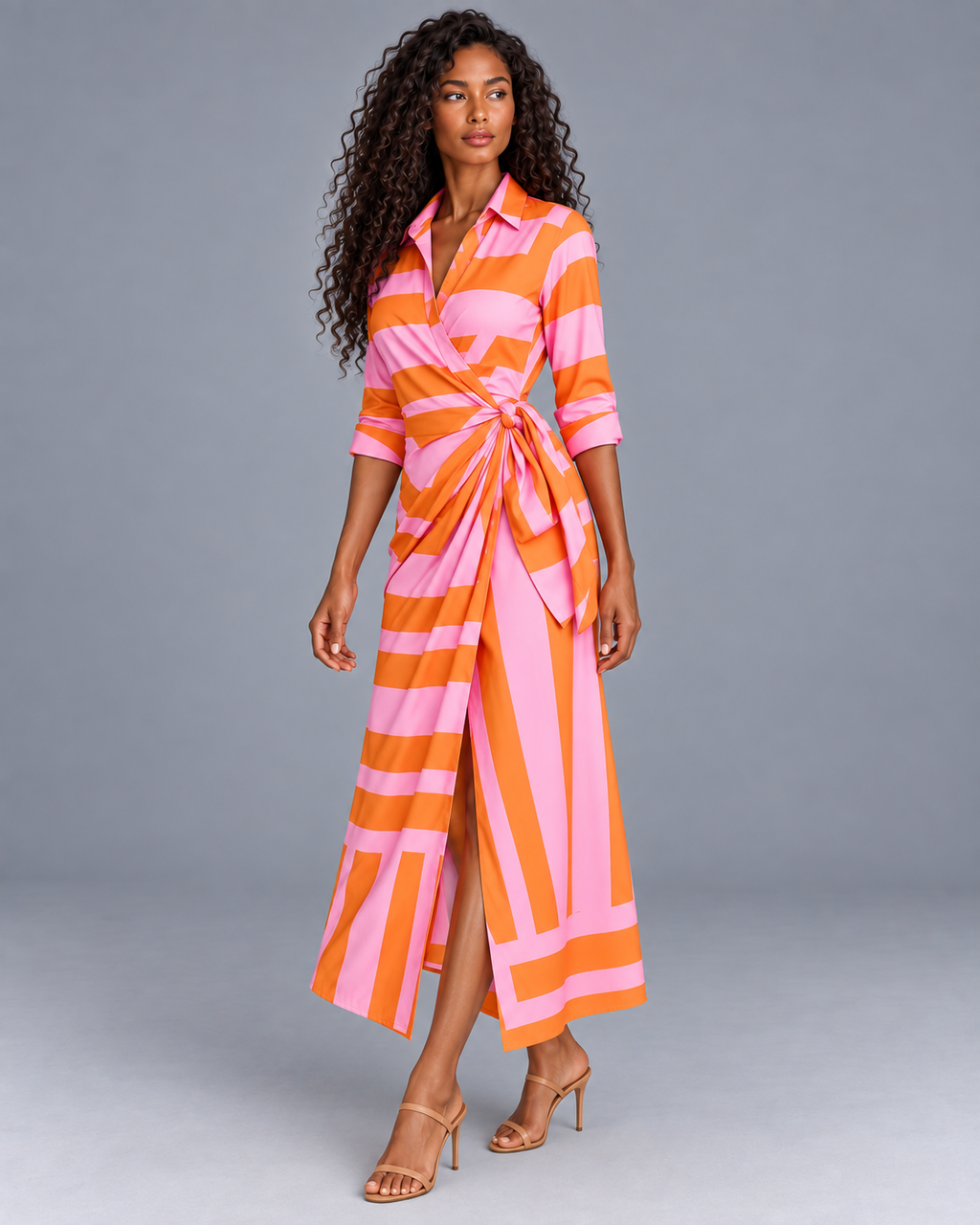 Lodemi Striped Wrap Midi Dress, view 2