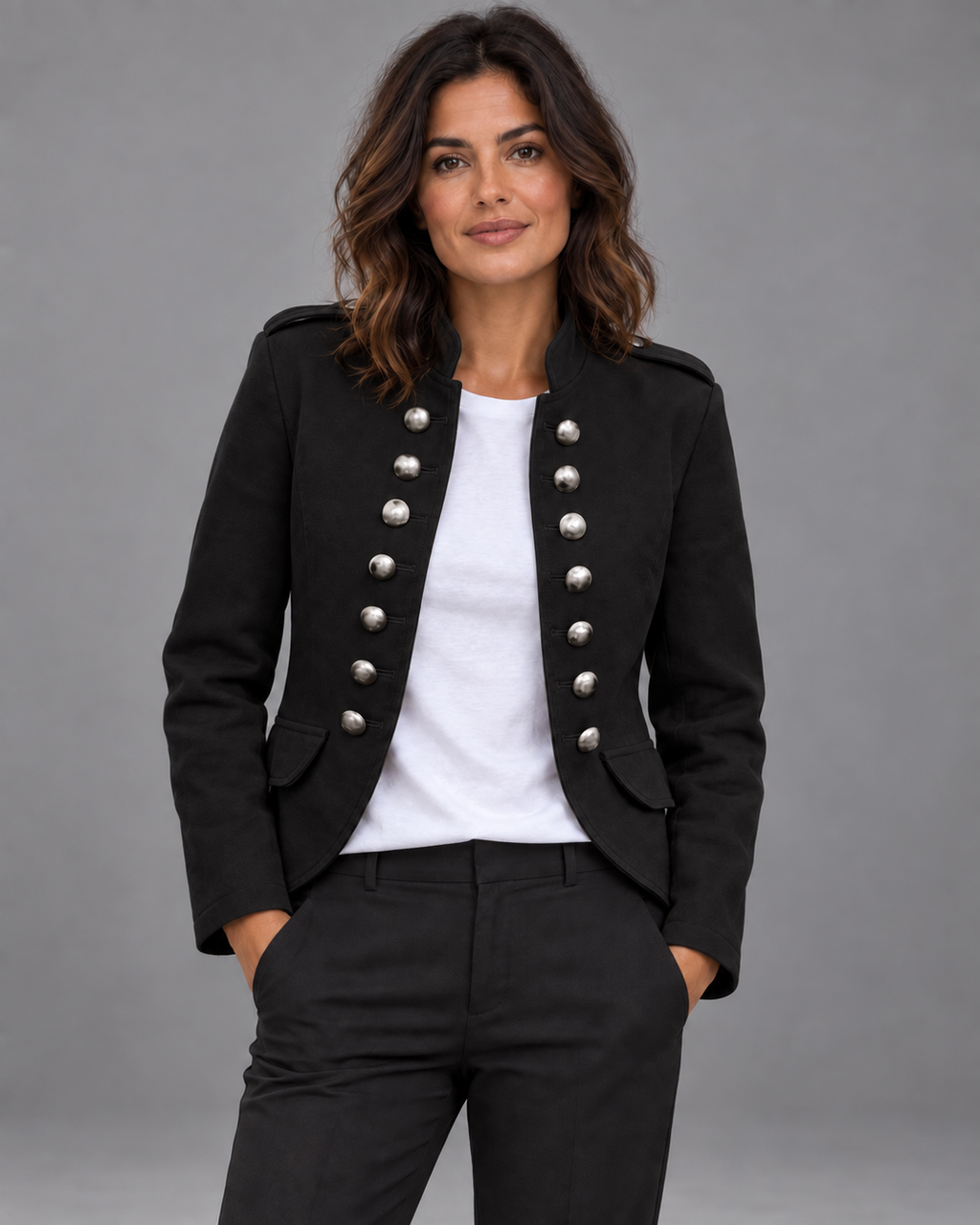 Lodemi Structured Stand-Collar Blazer in Black — digitally recoloured product image