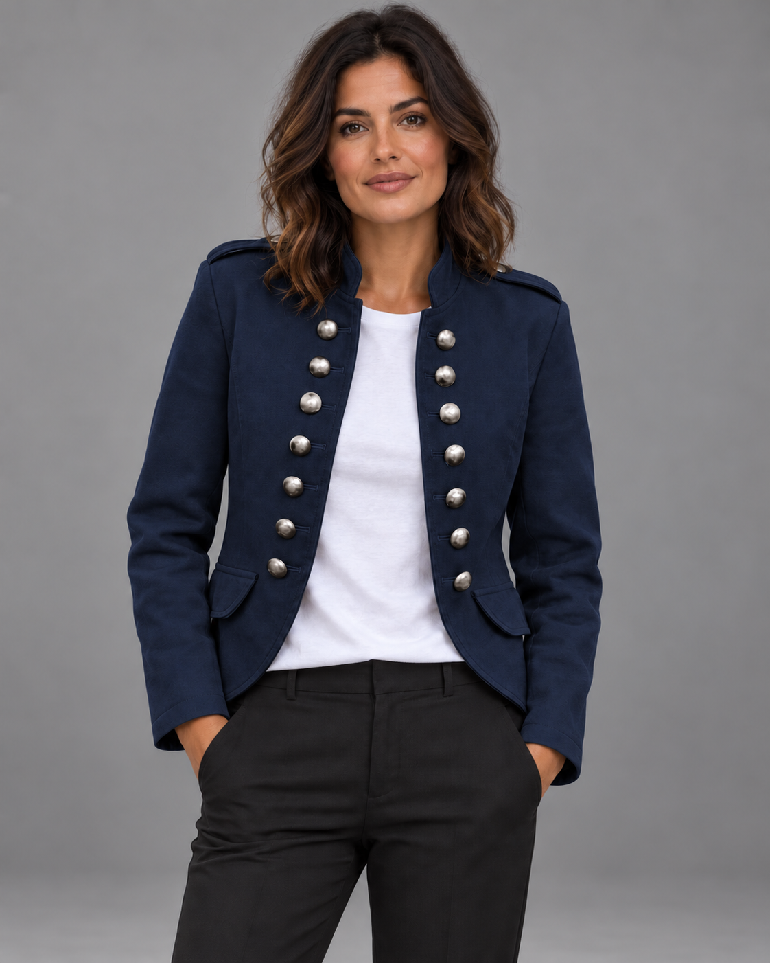 Lodemi Structured Stand-Collar Blazer in Navy — digitally recoloured product image