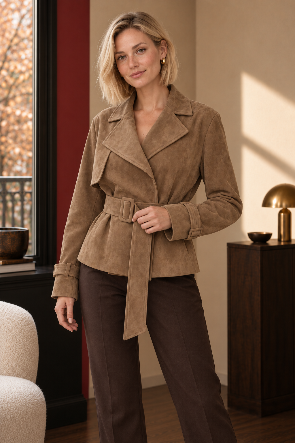 Thea Cropped Suede-Look Trench in camel beige, collar and belt detail.