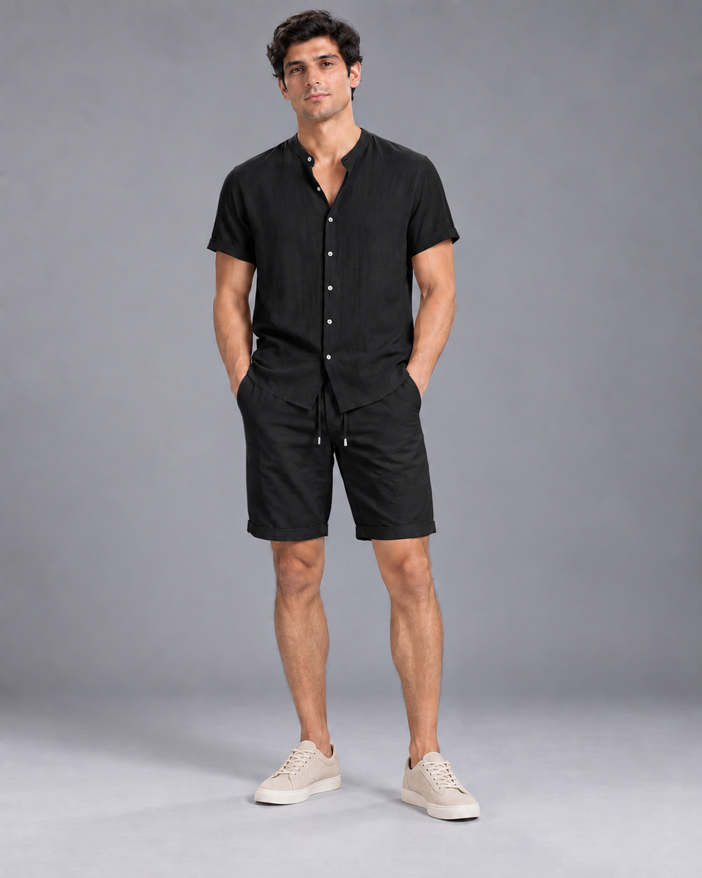 Lodemi Two-Piece Shirt and Shorts Set in Black — digitally recoloured product image
