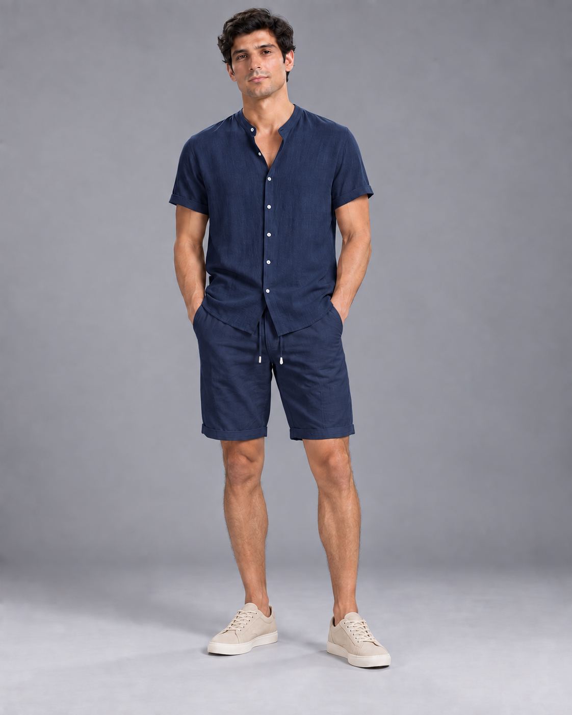 Lodemi Two-Piece Shirt and Shorts Set in Navy — digitally recoloured product image