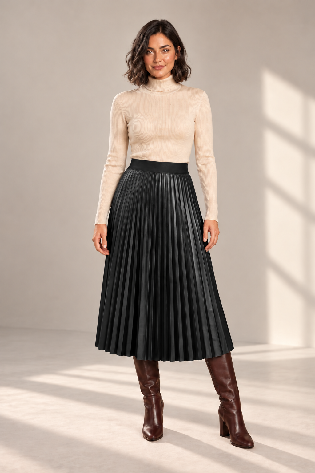 Opal Pleated Faux-Leather Midi Skirt in Black — digitally recoloured product image