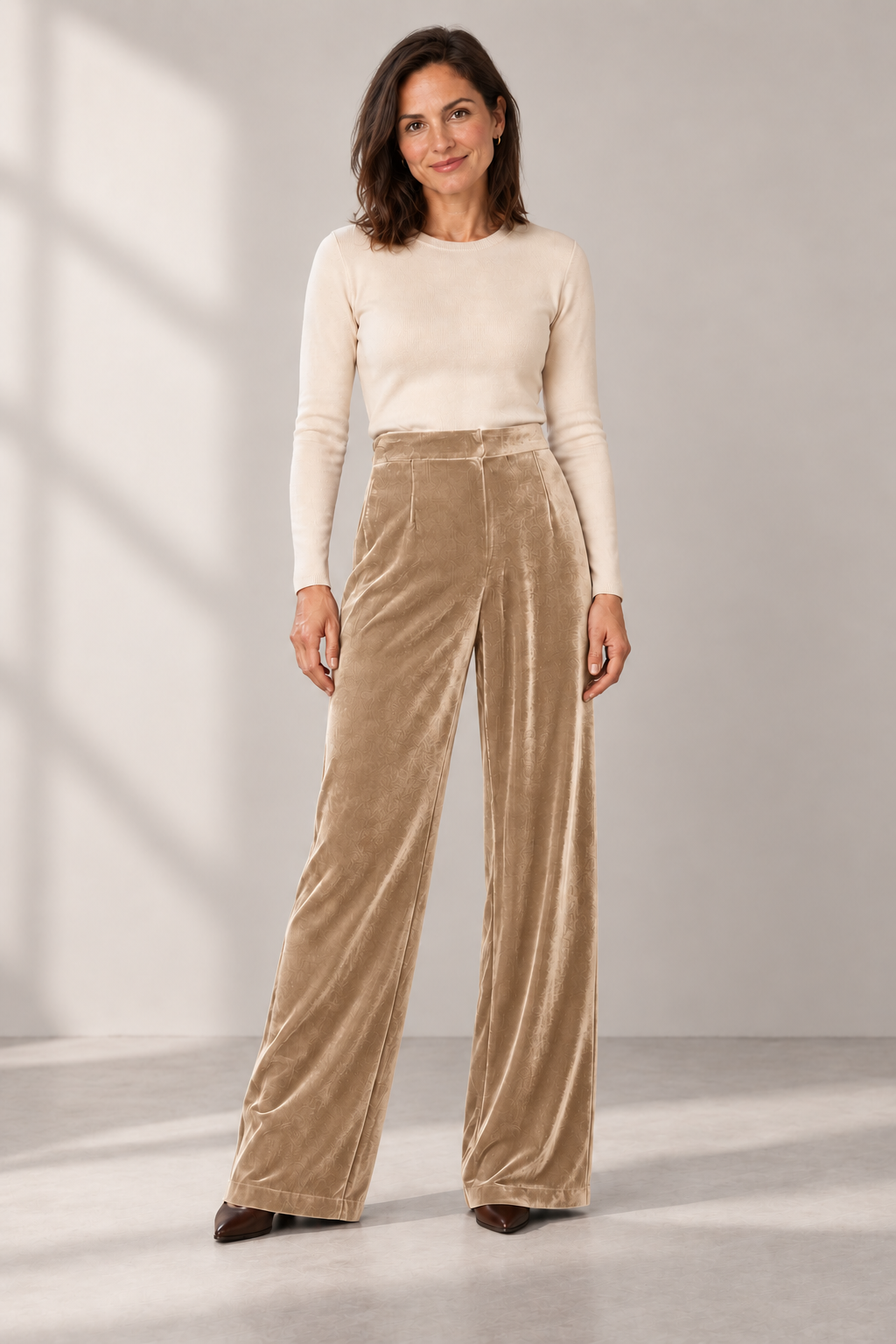 Orla Velvet Wide-Leg Trousers in Beige — digitally recoloured product image