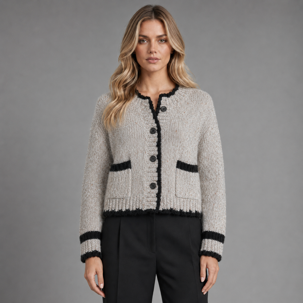 Lodemi elara cropped bouclé cardigan in grey, front studio view