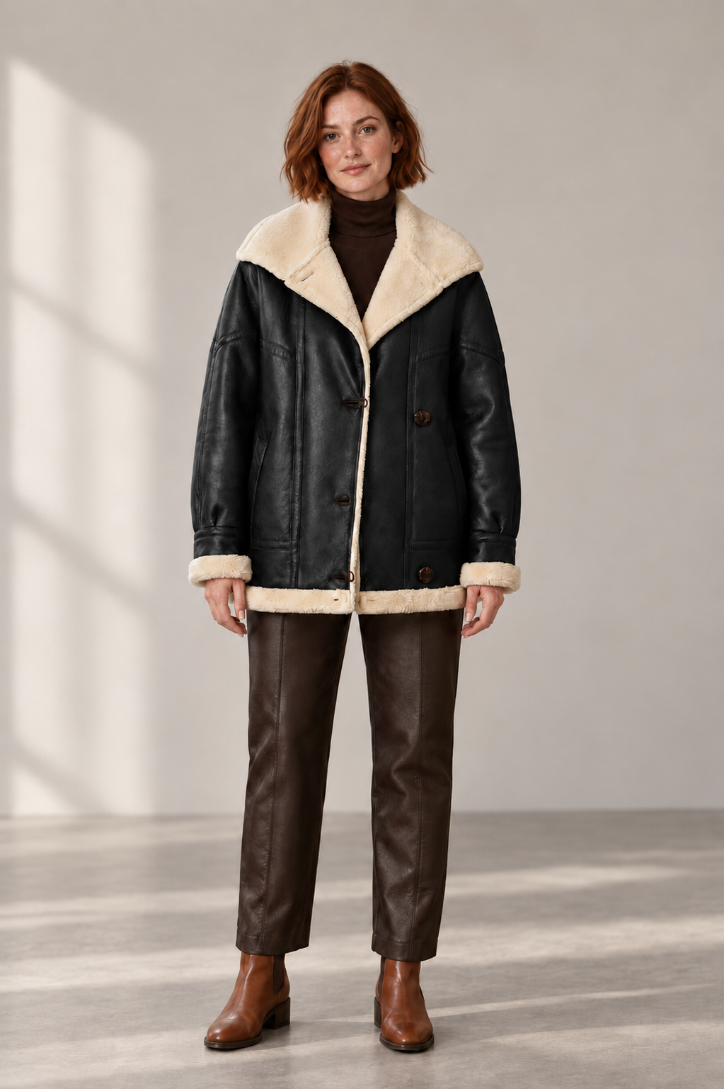 Reese Faux-Leather Teddy-Trim Jacket in Black — digitally recoloured product image
