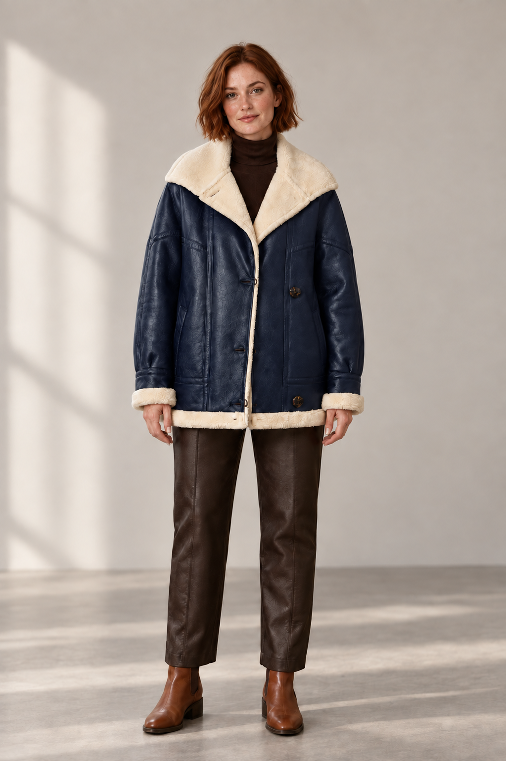 Reese Faux-Leather Teddy-Trim Jacket in Navy — digitally recoloured product image