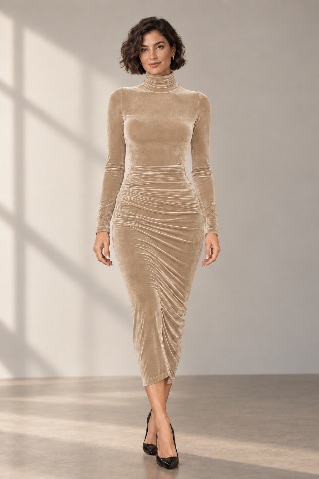 Verity Ruched Velvet Midi Dress in Beige — digitally recoloured product image